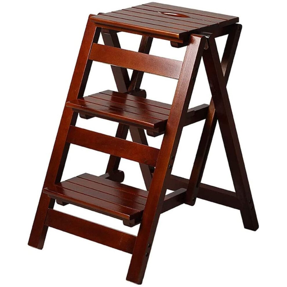 Folding Step Stool Wooden Foldable Ladder With Backrest For Kitchen Bedroom Spacesaving Brown 9339159855874