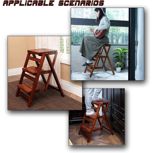 Folding Step Stool Wooden Foldable Ladder with Backrest for Kitchen Bedroom SpaceSaving Brown 1
