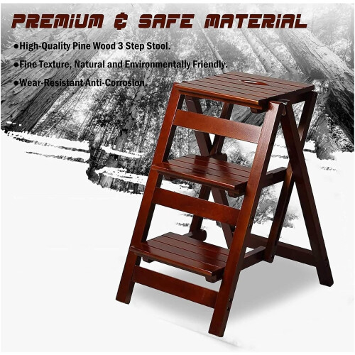 Folding Step Stool Wooden Foldable Ladder with Backrest for Kitchen Bedroom SpaceSaving Brown 2