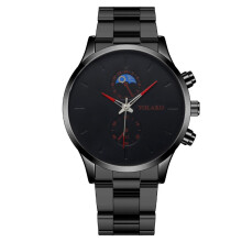 (Red needle and black strap) Fashionable Moon Two-eye men's watch with steel strap