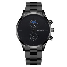 (Silver scale, black needle and black band) Fashionable Moon Two-eye men's watch with steel strap