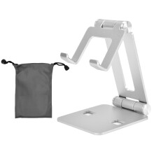 Soporte de aluminio, portátil y plegable para dispositivos móviles, soporte ergonómico para tabletas y smartphones, color plata.