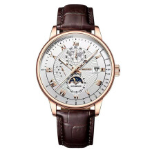 (White face, rose gold shell, brown band) Calendar three-eye starry sky Moon fashionable men's watch