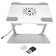Ergonomisch ontworpen laptopstandaard, Z-vormige verstelbare constructie voor een betere zithouding, zilverkleurige aluminiumlegering, koelventilator