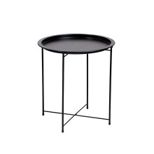 Ronde metalen bijzettafel, opvouwbaar en draagbaar, met afneembaar blad, stevige stalen constructie en slijtvaste poedercoating.