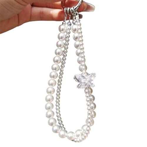 Decorative Phone Case Charm Beaded Mobile Phone Chain-White