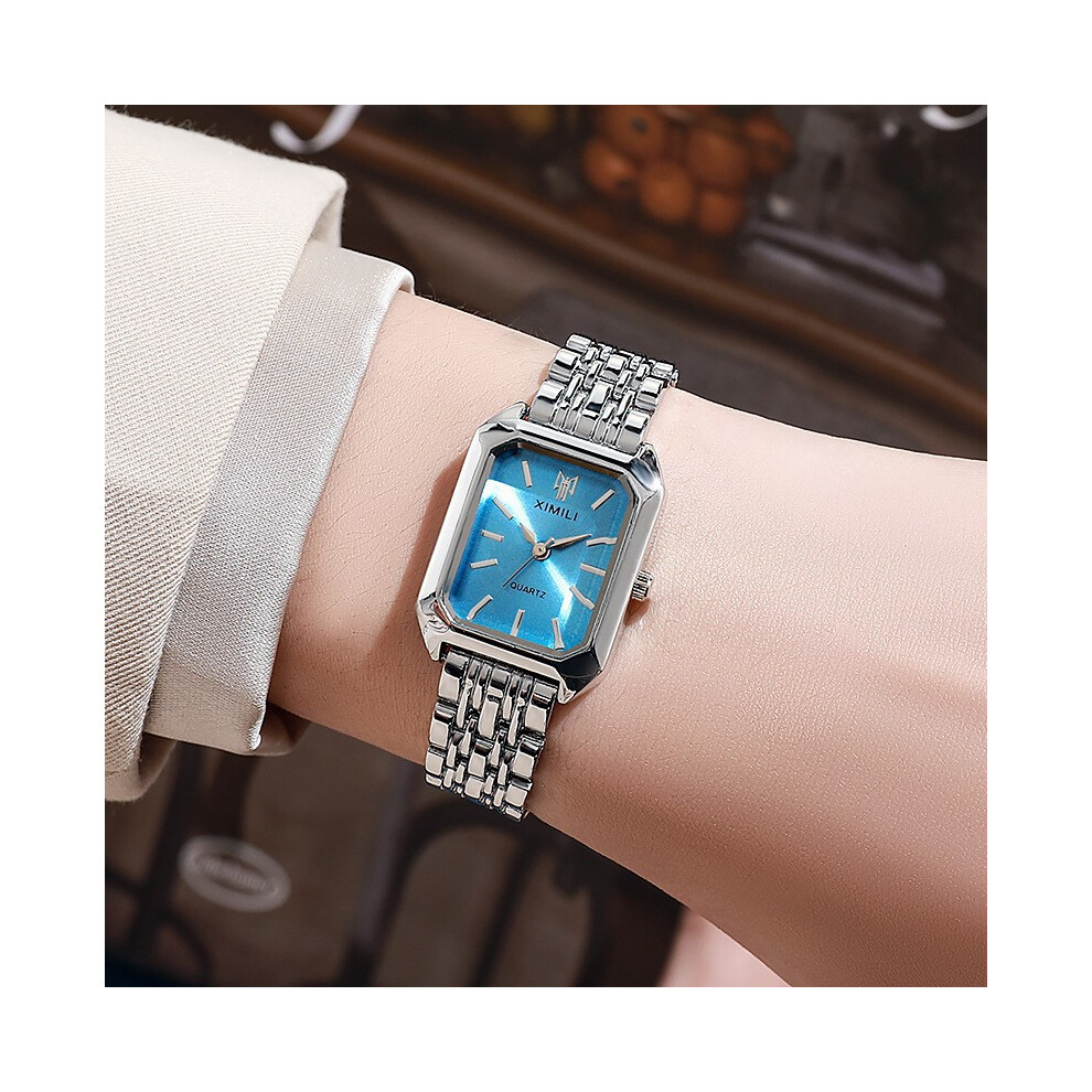 (Blue Face And Silver Shell) Trendy Square Ladies' Watches, Gold Watches, Steel Band Ladies' Wristwatches Blue,Silver,Gold