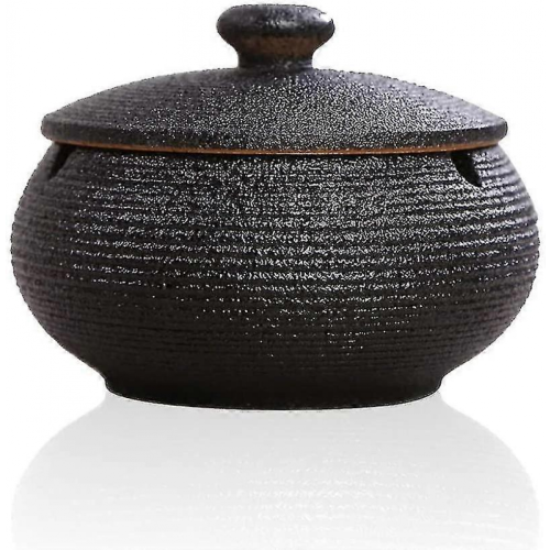Keramik-Aschenbecher mit Deckel, winddicht, Retro-Stil (chinesischer Stil), schwarz
