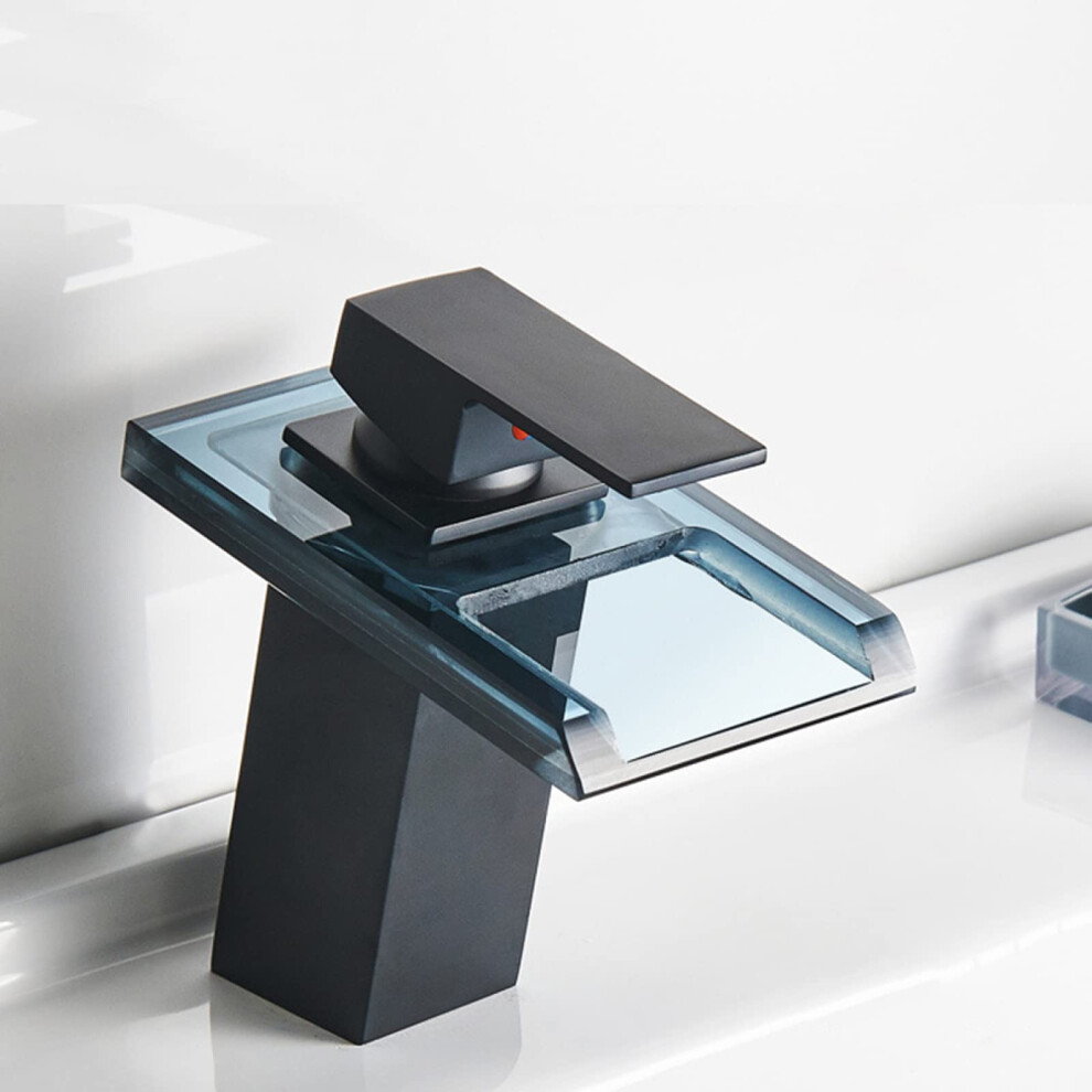 Waterfall Bathroom Basin Faucet With Led Light, Brass Hot Cold Mixer Tap, 3Color Changing, Black 9323874646664