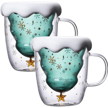 Conjunto de 2 Canecas de Natal, Canecas de Borossilicato de Parede Dupla com Tampa em Formato de Floco de Neve, 300ml - Canecas Fofas para Café