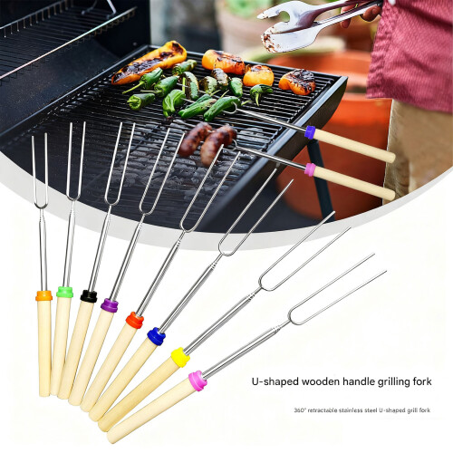 U Shape Nonrust Skewer Retractable Length Wood Handle-Black hat 1