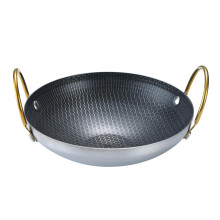 Black Stainless Steel Double Handle Frying Pan Flat Bottom Wok with Gold Metal Handle for Kitchen Cooking 8 Inch
