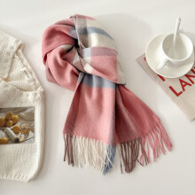 (Pink and blue color matching, 180cm) Unisex Autumn Winter Plaid Scarf - Tasseled Warm Neck Wrap, Versatile Checkered Fringed Neckwear