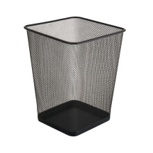 Lixeira retangular de metal com abertura superior, design ventilado e estrutura em malha de aço. Ideal para escritório e residência.