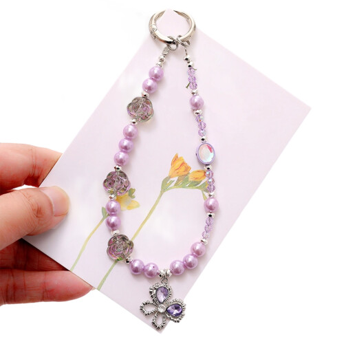 Decorative Short Phone Lanyard With Artificial Rose-P urple
