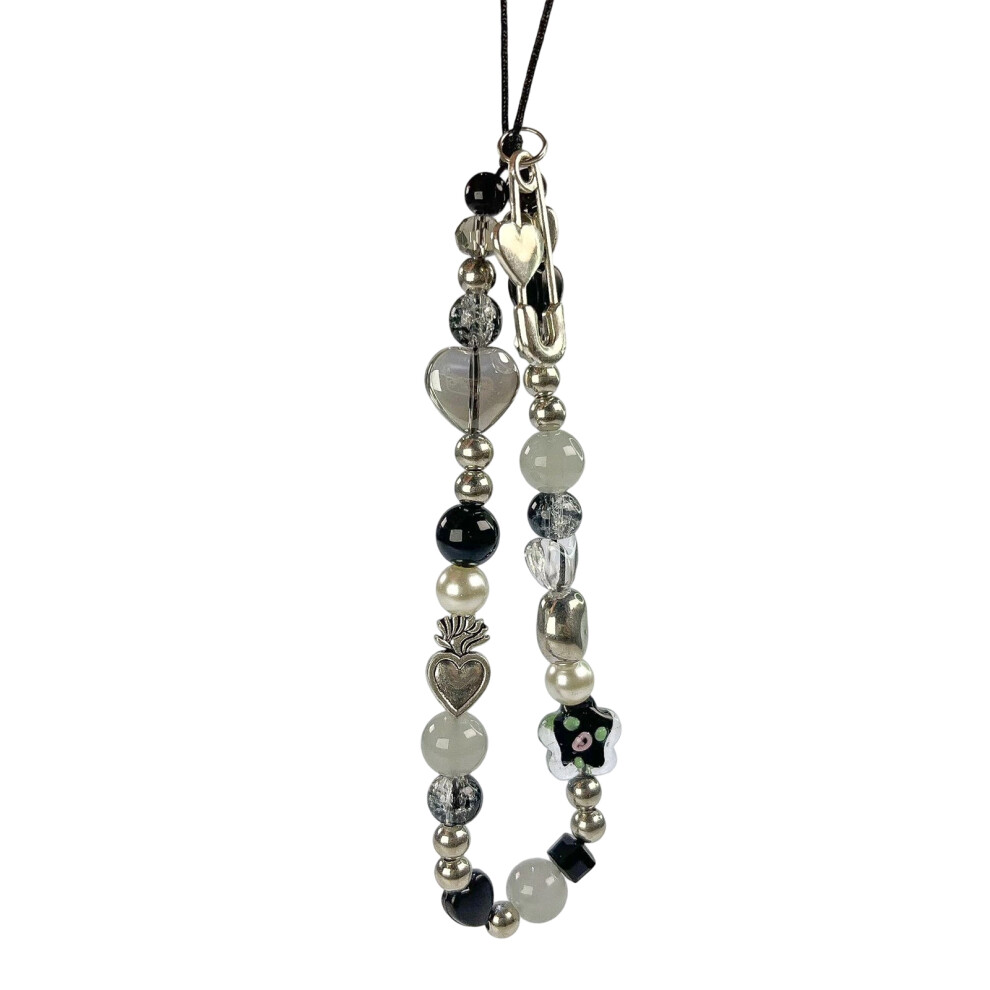 Eye Catching Mobile Phone Chain Handmade Beaded Cellphone Black/Gray 7704000463768