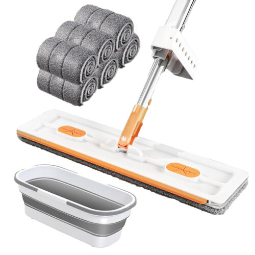 Hands-Free Squeeze Microfiber Mop, Foldable Bucket with Wheels for Quick Clean-Ups, Large-Sized Flat Mop for Wide Coverage, Self Wringing Design for E