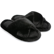 Pluszowe, puszyste kapcie dla kobiet, odkryte, puszyste kapcie z modną, przytulną, pluszową wyściółką, amortyzującą pianką memory foam i