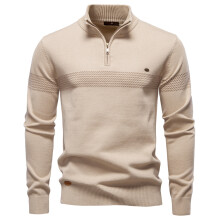 (Y6224-Apricot, S) Men's Clothing  Classic  Thermal Men's Sweater Half Zip Knit Pullover Thick Warm Striped Design Wool Blend Cable Knitted