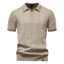 (PSD8037-Beige, EUR M 65-75kg) Men's Clothing  Classic  Men's Solid Color Sport Zipper Polo Shirt Athletic Social Polo Shirts for Men Office Slim Fit