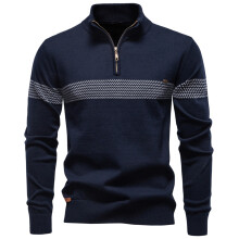 (Y6224-Navy, XL) Men's Clothing  Classic  Thermal Men's Sweater Half Zip Knit Pullover Thick Warm Striped Design Wool Blend Cable Knitted