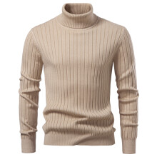 (High003-Beige, L) Men's Clothing  Classic  Men's Turtleneck Sweater Solid Color with Striped Pullover Warm Knitwear Winter Basic Casual
