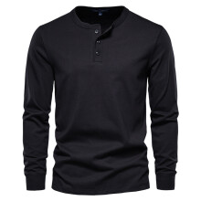 (Black, EUR S 60-70kg) Men's Clothing  Classic Henley Collar T Shirt Men Casual Solid Color Long Sleeve T Shirt for Men Autumn High Quality