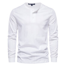 (White, EUR 4XL 115-125kg) Men's Clothing  Classic Henley Collar T Shirt Men Casual Solid Color Long Sleeve T Shirt for Men Autumn High Quality