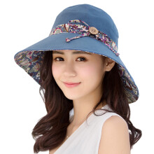 Portable Women Sun Hat, Foldable Reversible Wide Brim Hat with Adjustable Drawstring, Breathable Sun Protection Cap, Cotton Blend Fabric Beach Hat for