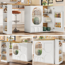 360 Rotating Bar Table, 138x39x105cm, White, Coffee Bar, 2-Door Cabinet