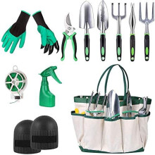Ensemble d'outils de jardin de 11 pièces comprenant une pelle et d'autres outils de jardinage.