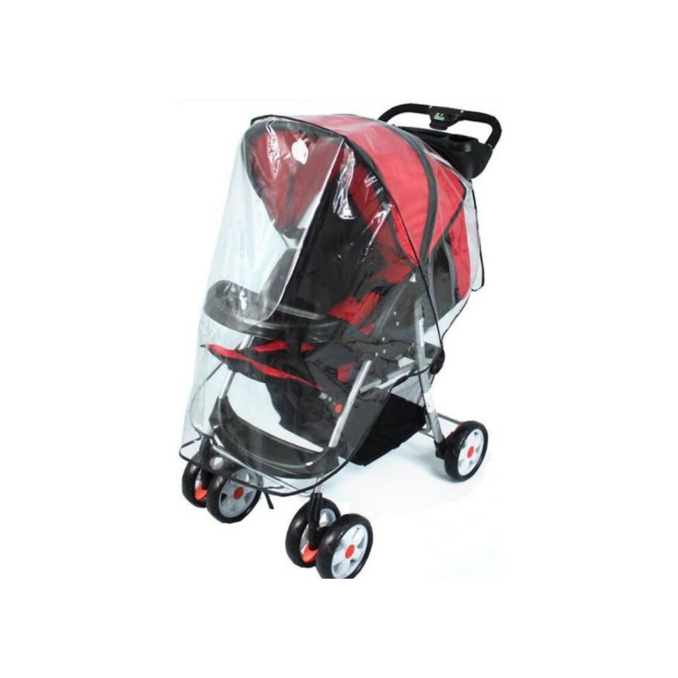 Transparent stroller rain cover with zipper, compatible with standard strollers.