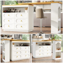 360 Rotating Bar Table, 137x39x90cm, White, 6 Drawers, Spice Rack