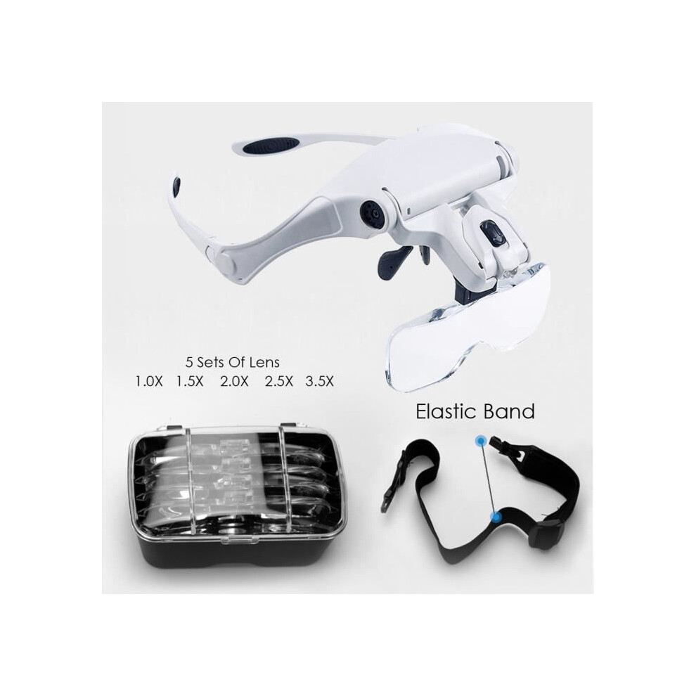 Headset magnifier, headband with 5 lenses for precision work and reading