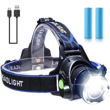Rechargeable Headlamp, 90 Degree Adjustable, High Brightness LED, Waterproof, For Hiking Fishing Climbing, 4 Lighting Modes, USB Rechargeable, Elastic