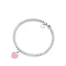 (Silver 4mm beaded pink heart-shaped bracelet, 19cm) Classic T family heart-shaped enamel bead 4mm bracelet
