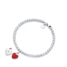 (Silver 4mm beaded red heart-shaped bracelet with diamonds, 16cm) Classic T family heart-shaped enamel bead 4mm bracelet