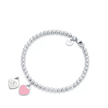 (Silver 4mm beaded pink heart-shaped bracelet with diamonds, 18cm) Classic T family heart-shaped enamel bead 4mm bracelet