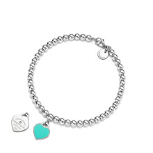 (Silver 4mm beaded blue heart-shaped bracelet with diamonds, 19cm) Classic T family heart-shaped enamel bead 4mm bracelet