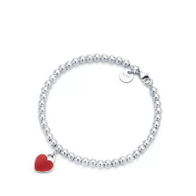 (Silver 4mm beaded red heart-shaped bracelet, 16cm) Classic T family heart-shaped enamel bead 4mm bracelet