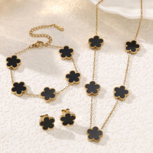 (Black five-colored three-piece set) Lucky Five-leaf Petal bracelet, necklace, stud earrings, Double-sided Mother-of-Pearl Ladies' Jewelry set