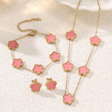 (A pink five-flower three-piece set) Lucky Five-leaf Petal bracelet, necklace, stud earrings, Double-sided Mother-of-Pearl Ladies' Jewelry set