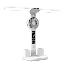 Steglös dimning LED-skrivbordslampa med fläkt, pekkontroll, ögonvänlig belysning, temperaturdisplay, digital klocka och kalender, justerbar,