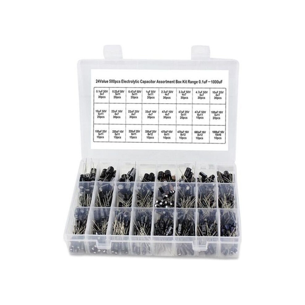 500Pcs Electrolytic Capacitors Values 0.1Uf-1000Uf 24Pcs Mixed Electrolytic Capacitors 16-50V Kit & Box 7333425882467