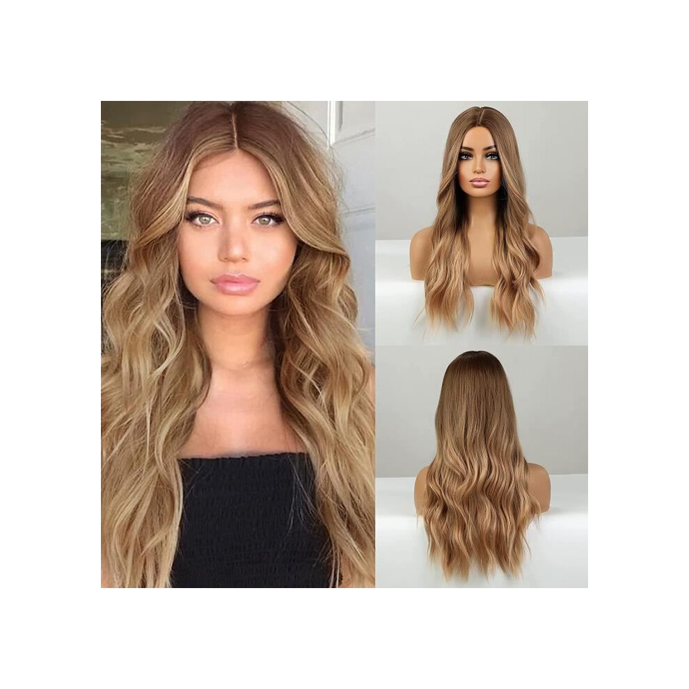 Unisex Long Blonde Wig For Women, Synthetic Wig, Natural Wavy And Curly Hair, Middle Part, Ombre Wig, Party U