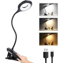 Wiederaufladbare Schreibtischlampe, augenschonendes Leselicht mit einstellbarer Helligkeit und 3 Farbmodi, robuster Clip und flexibler Schwanenhals