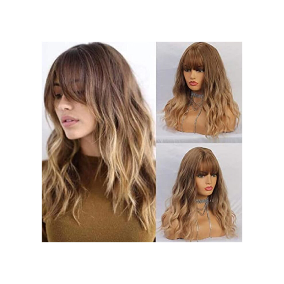 Unisex White,Brown Medium Length Curly Brown Synthetic Wigs For White Women With Bangs