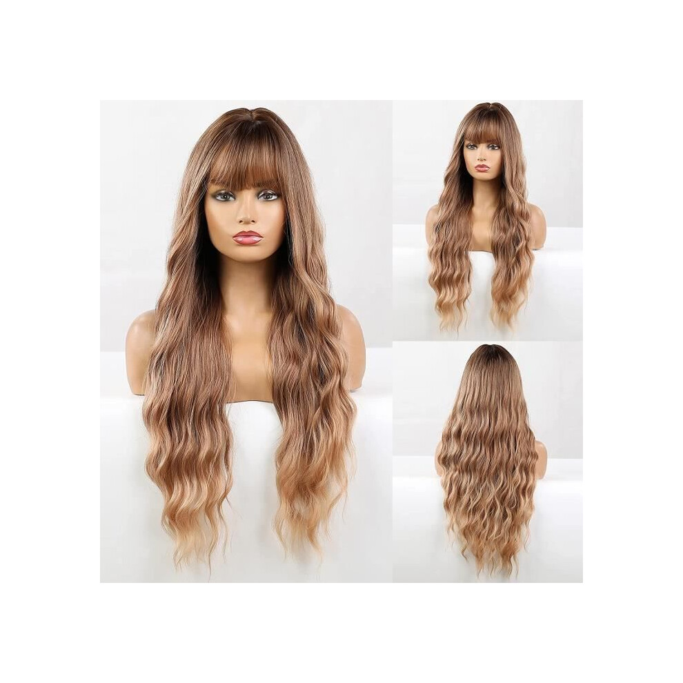 Unisex Dark Long Curly Ombre Blonde Two Tone Roots Synthetic Wig With Bangs For Women