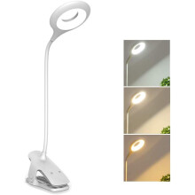 Trinnløs lysstyrke skrivebordslampe, batteridrevet klipslampe med 3 fargemoduser, Memory Touch, fleksibel hals og bred klemme, øyepleiende lys,