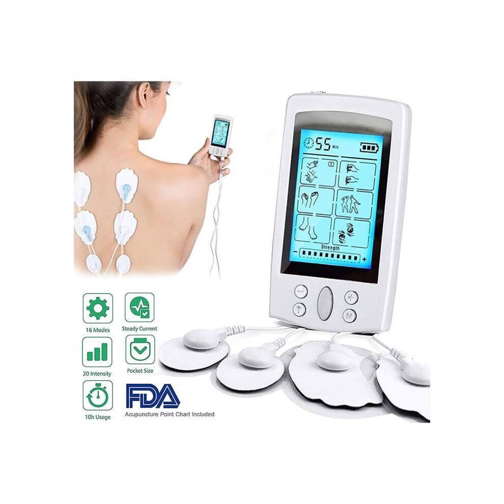 TENS Electrostimulator Anti-Pain and EMS Muscle Electrostimulation - 16 Massage Programs + 8 Electrodes